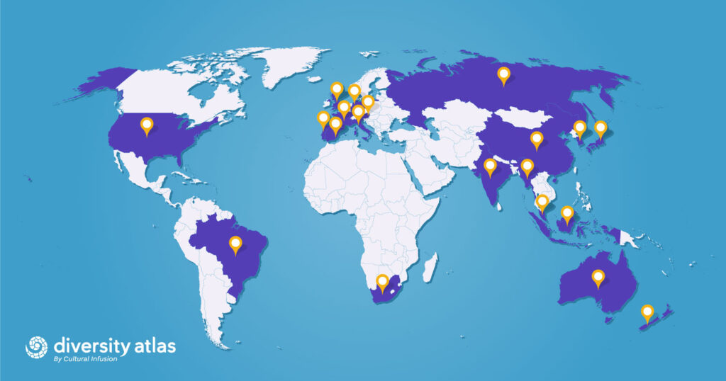 A world map illustrating diversity statistics, showcasing various demographic data across different regions globally.