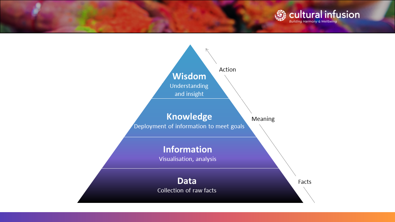 A pyramid with the following 4 layers:
1 Data (collection of raw facts) at the base
2 Information (Visualisation, analysis)
3 Knowledge (Deployment of information to meet goals)
4 Wisdom (Understanding and insight)
Beside the pyramid are arrows showing an upward trajectory from facts to meaning to action.