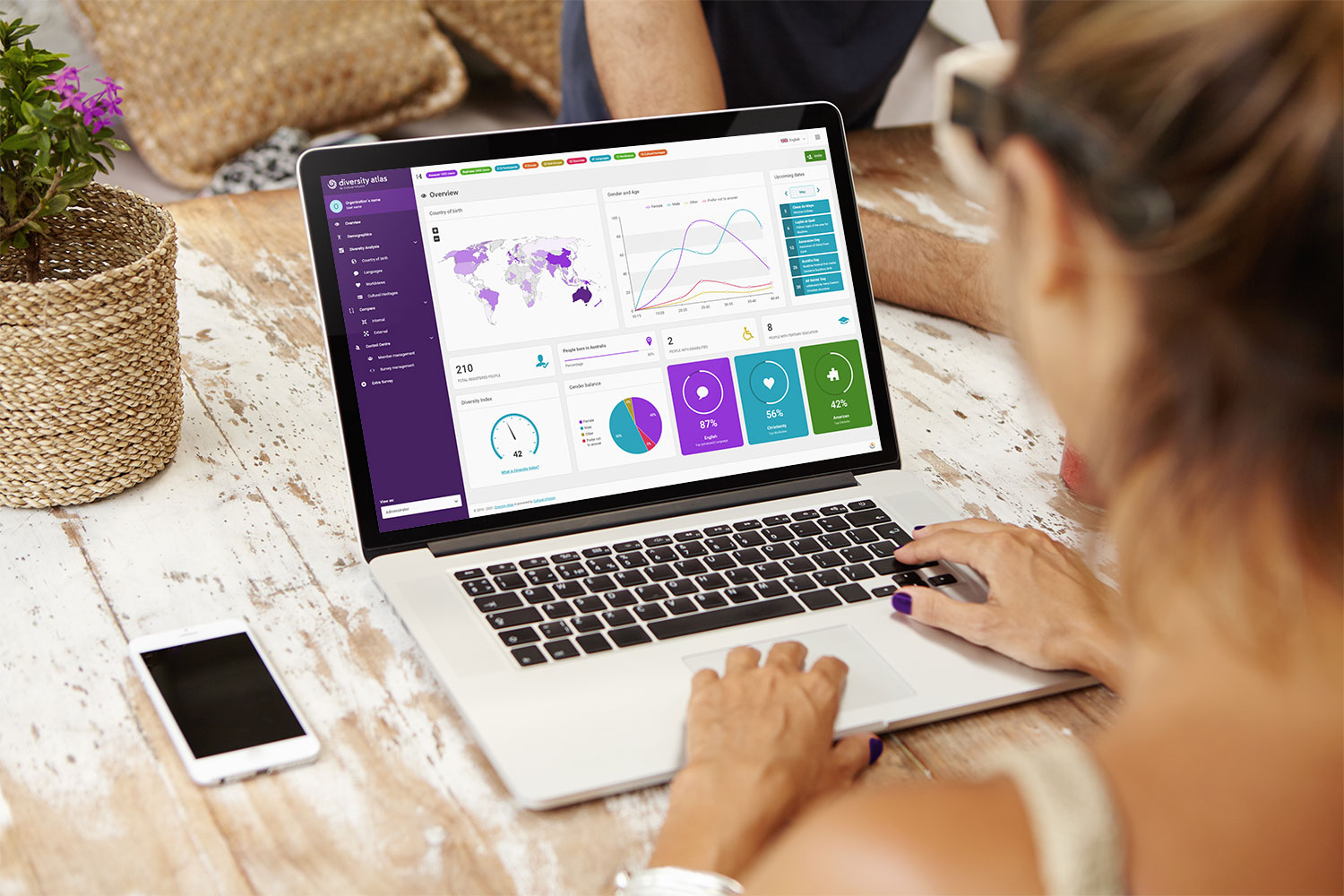 Woman on laptop displaying Diversity Atlas dashboard to measure diversity