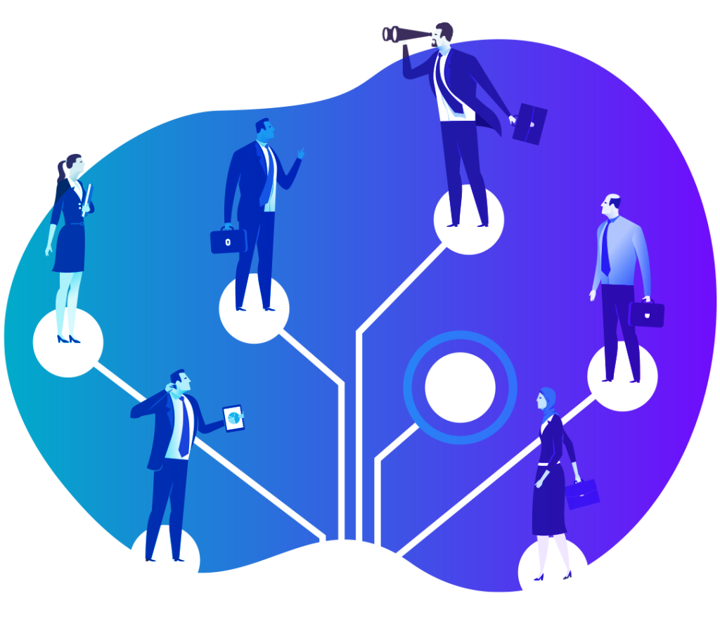 Illustration of business professionals on connected nodes, symbolizing networking and collaboration.