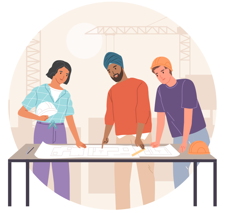 Three people of diverse backgrounds in an office setting.