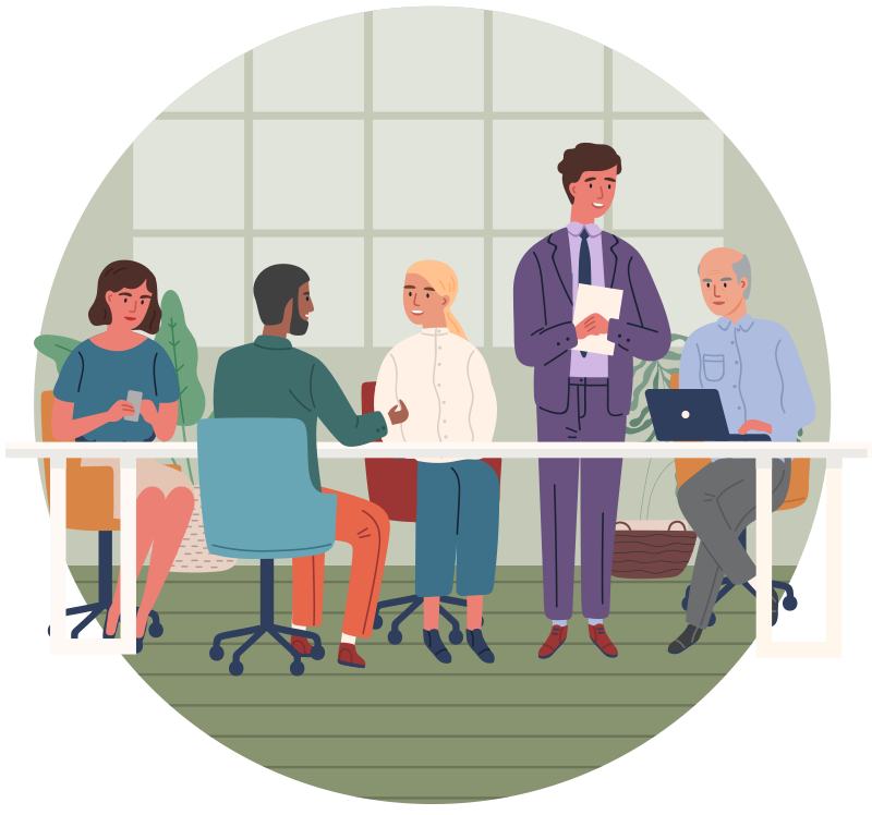 5 people of diverse backgrounds in an office setting.