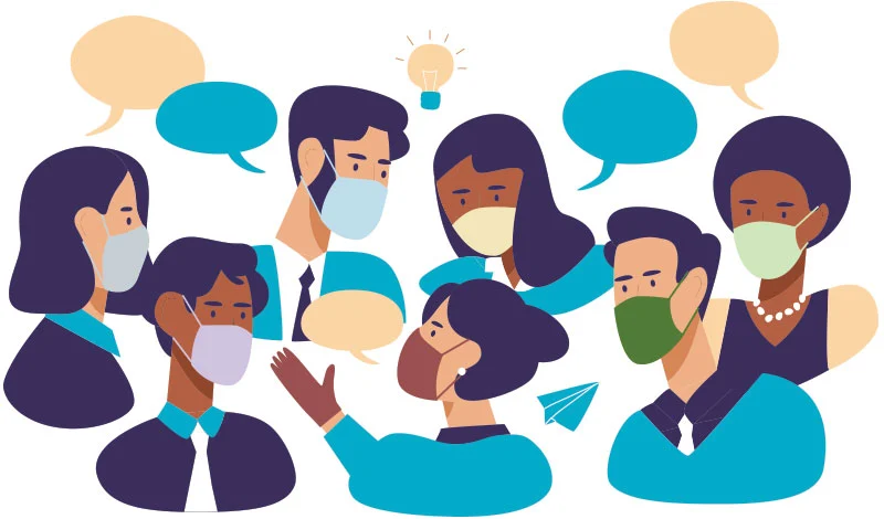 A diverse group of colleagues wearing face masks engage in animated conversation, surrounded by colorful speech bubbles and symbols, illustrating cultural awareness and open communication in the workplace.