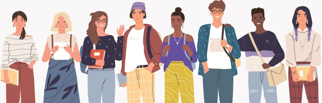 A line of students with varied appearances, styles, and accessories stand together holding books and bags, reflecting cultural diversity in a friendly academic setting